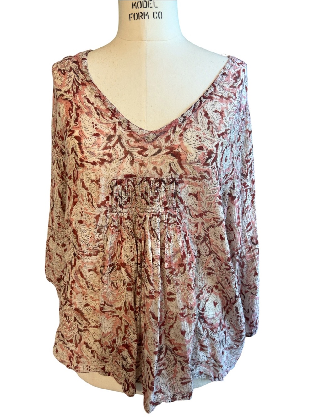 World Market Lightweight Peasant Blouse, Size L/XL, Pink and Cream